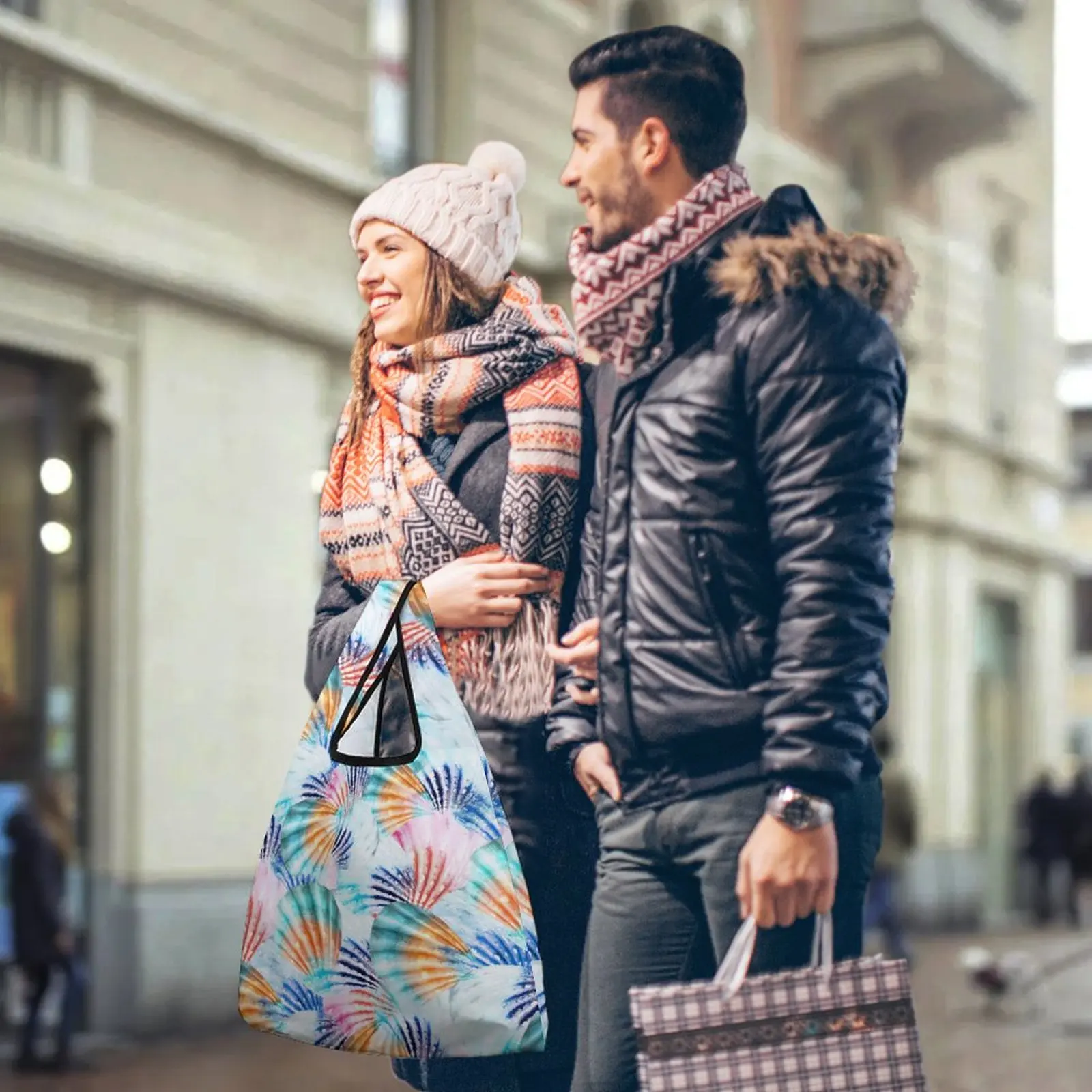 Customized Print Collapsible Shopping Double Strap Handbag Colorful Shell Printing Tote Casual Woman Grocery Bag Custom Pattern