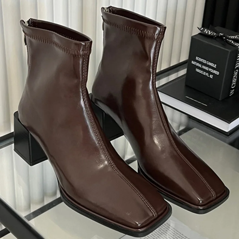 

Designer Women Block 6cm High Heels Punk Boots Personality Square Toe Short Boots Chunky Heels Back Zipper Martin Boots Shoes