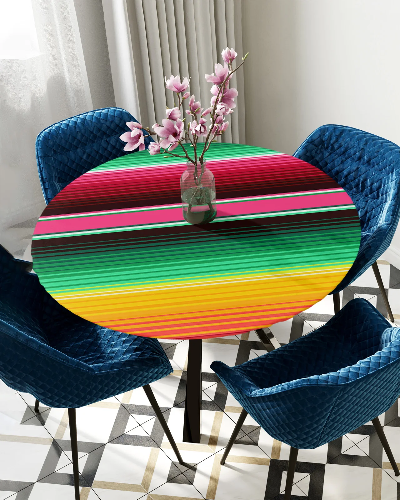 

Colorful Mexican Stripes Round Tablecloth Elastic Table Cover Indoor Outdoor Waterproof Dining Table Decoration Accessorie