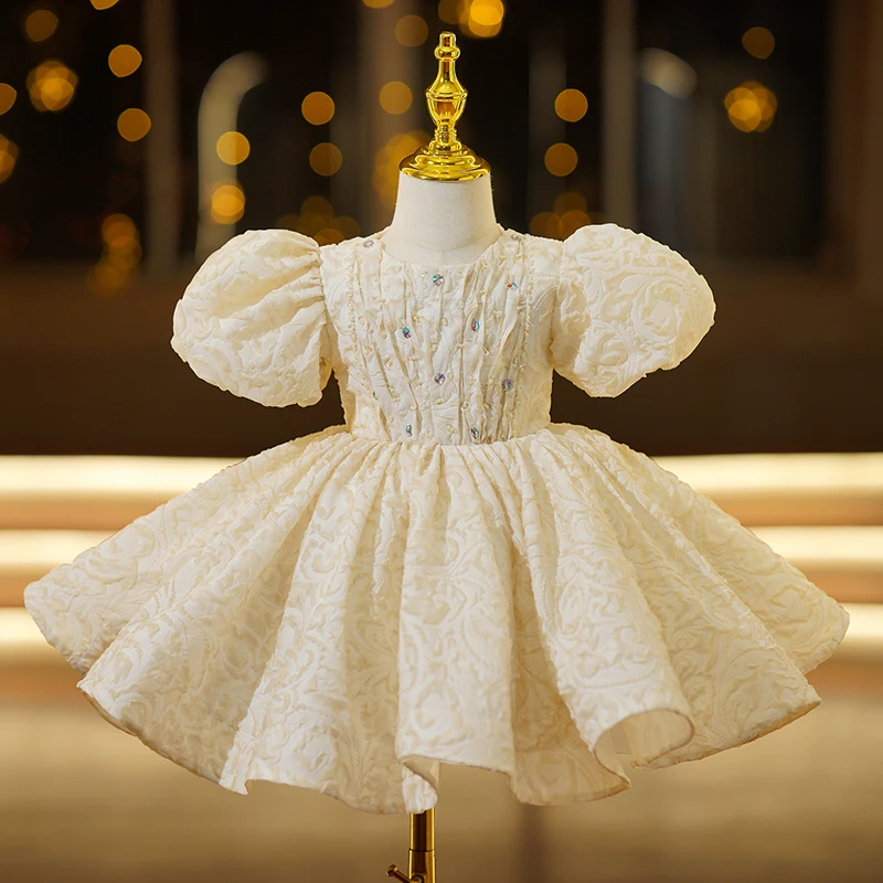 

Kids Exquisite Sequin Beading Birthday Party Dress Champagne Puff Sleeve Knee-Length Flower Girl Dresses First Communion Wear