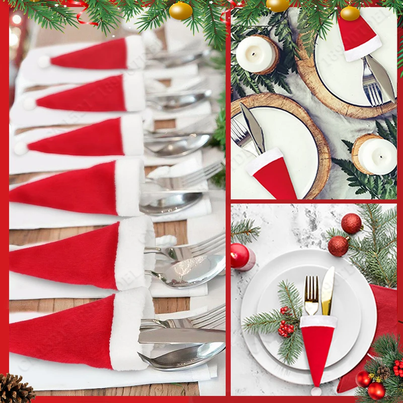 Christmas Hats For Tableware Decorations Xmas Hat Family Party Small Christmas Hat Fork Knife Holder Bag New Year Gifts