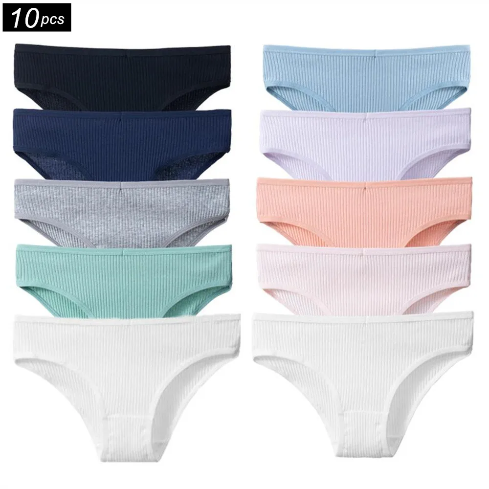 Wholesale 10Pcs/Set Ribbed Cotton Briefs Women Panties Underwear