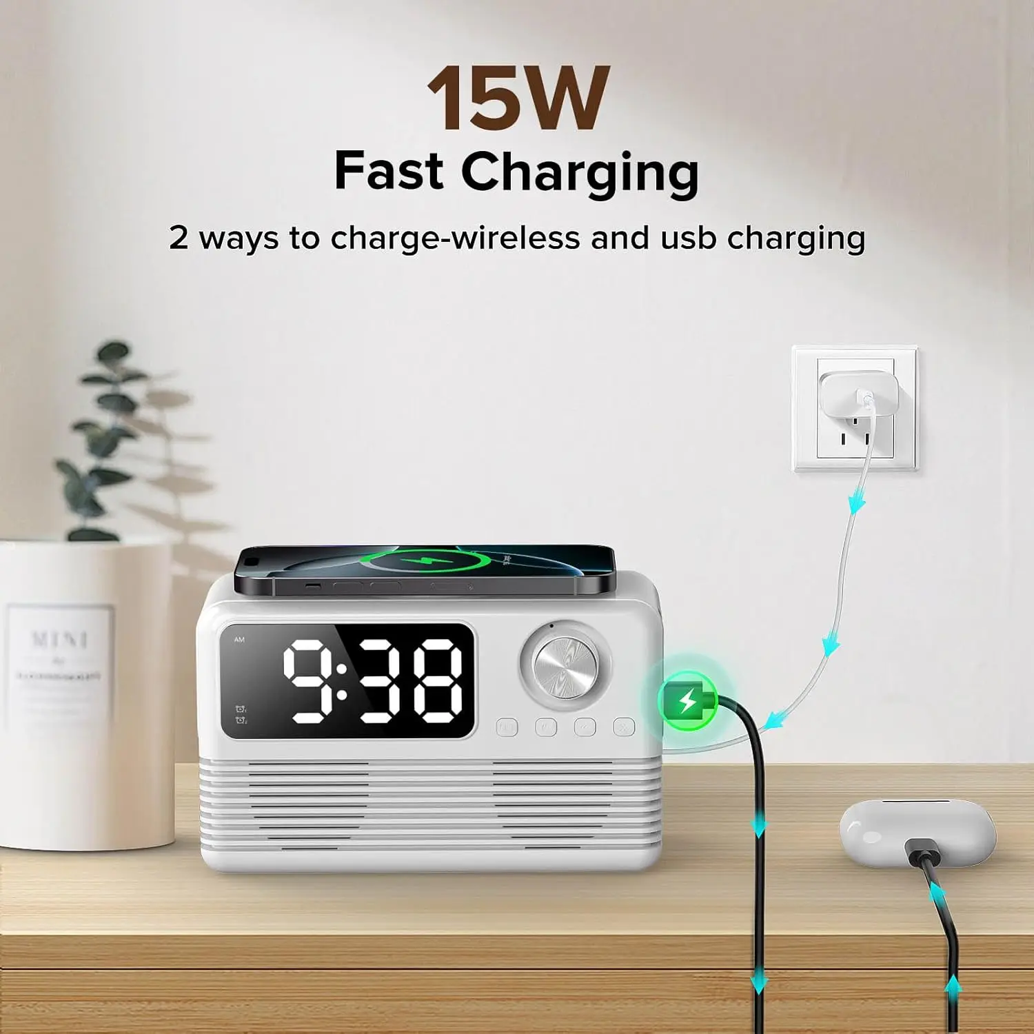 4-in-1 Wireless Charging Station with Fast 15W Charger, Bluetooth Speaker, Alarm Clock, and FM Radio for Bedroom Use 3