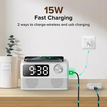 4-in-1 Wireless Charging Station with Fast 15W Charger, Bluetooth Speaker, Alarm Clock, and FM Radio for Bedroom Use 3