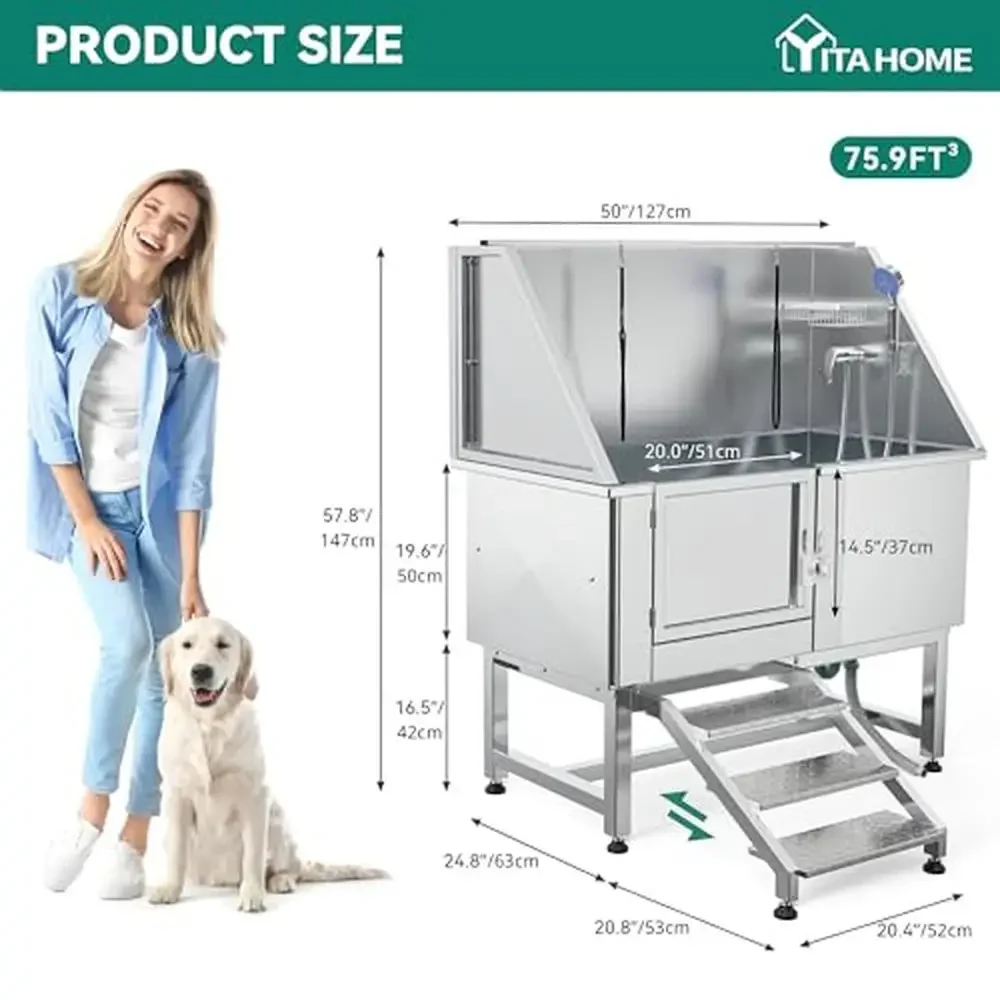 Adjustable Water Pressure Stainless Steel Dog Grooming Tub w/Steps Floor Grate Faucet Large Capacity 50" Professional Bathtub