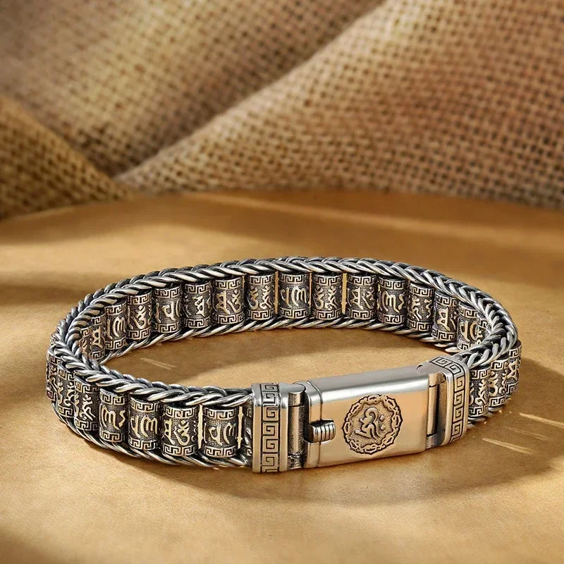 Silver Bracelet Handmade Silver Color Reative Passepartout Prayer Wheel Men Transfer Beads Six-Character Mantra Retro Women Charm Chain