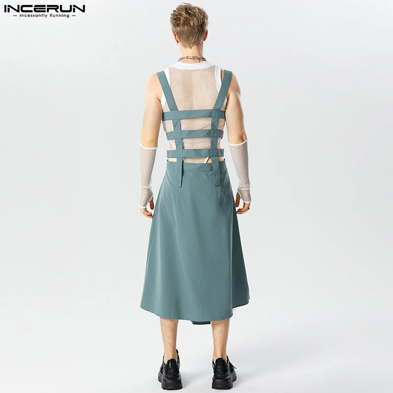 Men Pleated Design Bodysuit Skirts Pants Irregular Hem Solid Straps Half Skirt Jumpsuits Casual Fashion Style S-5XL