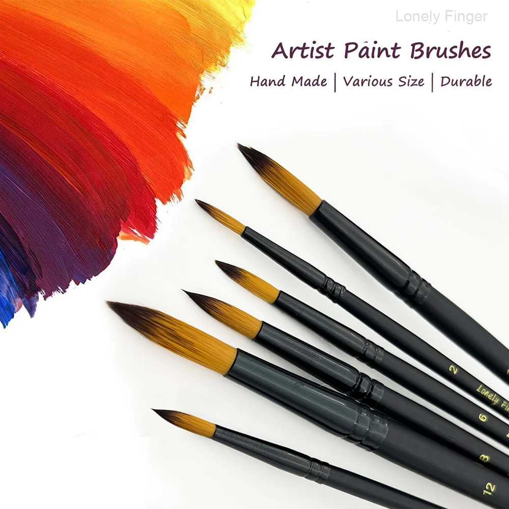 둥근 뾰족한 팁 페인트 브러쉬 세트, 아크릴 오일 수채화 구아슈 페인팅을 위한 6개 조각 아티스트 페인트 브러쉬, 프리미엄 나일론 헤어 A