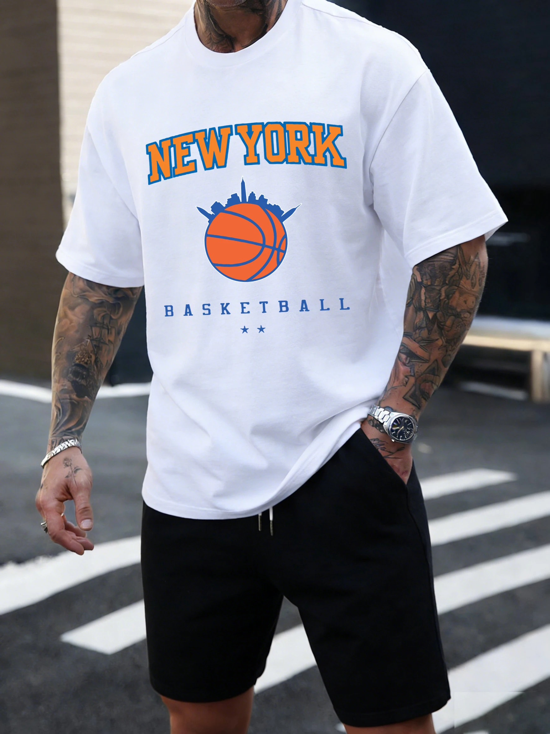New York Basketball-Druck Kurzarm-T-Shirt für Herren aus Baumwolle, Modisches O-Neck T-Shirt, Weiche Retro-Kleidung, Unisex Sommer Lockeres Streetwear-Shirt – Detail 24