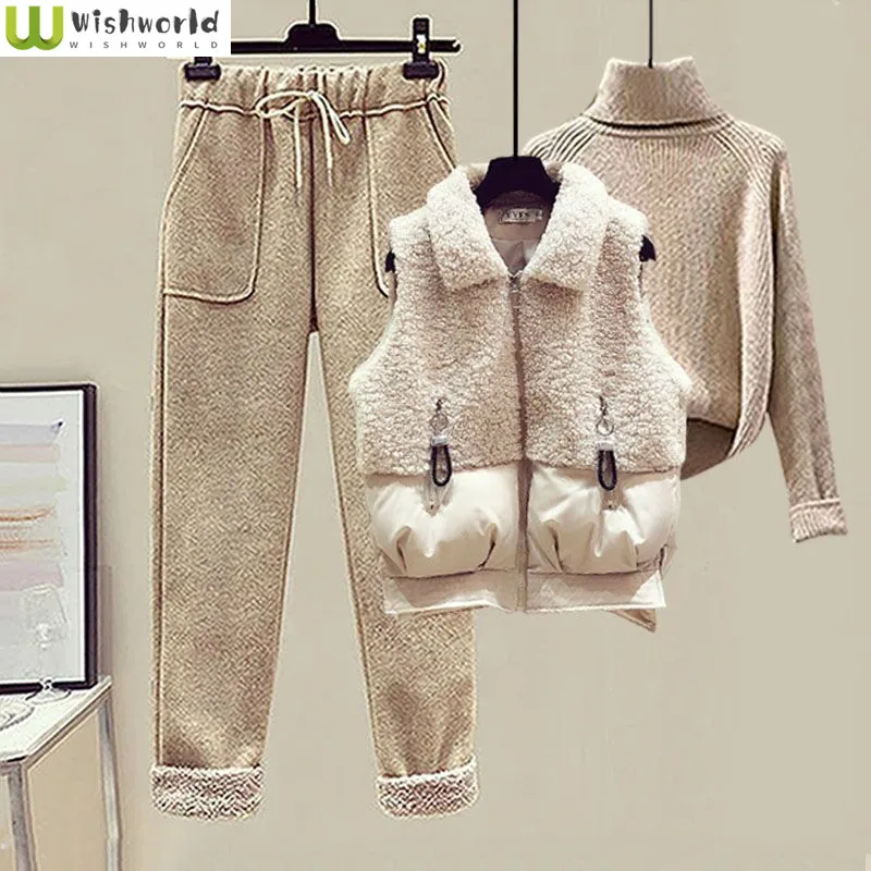 Autumn and Winter Women's Suit Lamb Wool Vest Thickened Cashmere Sweater High Waist Casual Woolen Trousers Three Piece Set high waist wide leg pants for women 100% merino wool solid trousers soft belt casual basic pants korean popular for winter sping