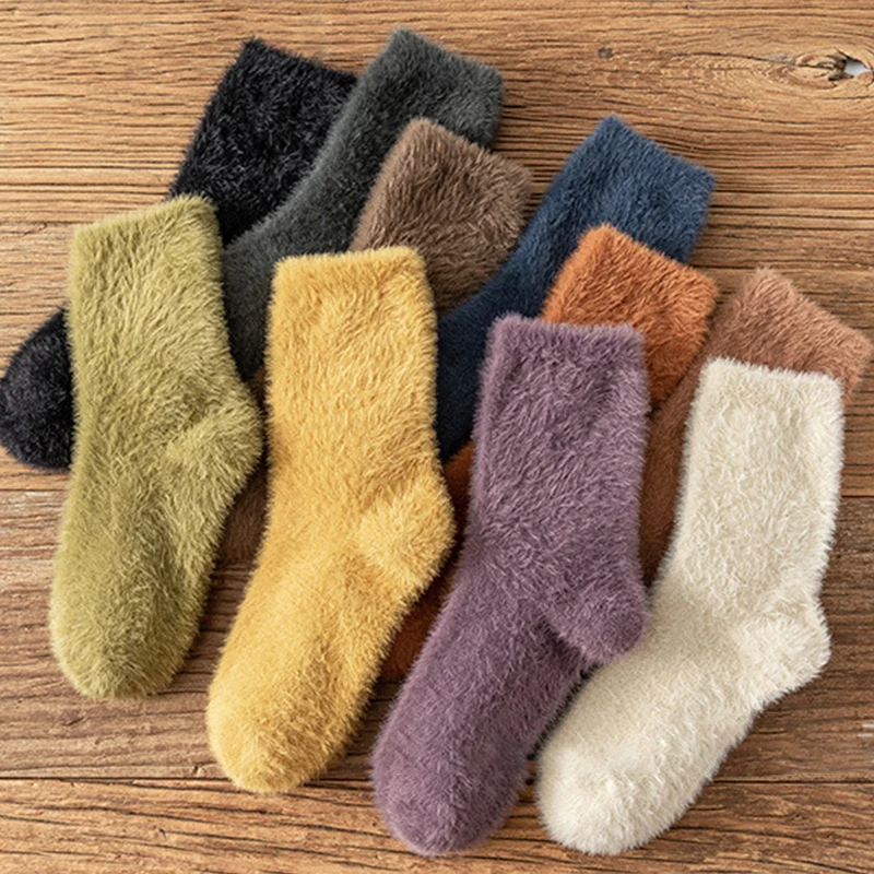 

Women Winter Warm Comfort Fluffy Mink Velvet Indoor Floor Socks Thicken Plush Fashion Solid Color Casual Middle Tube Socks