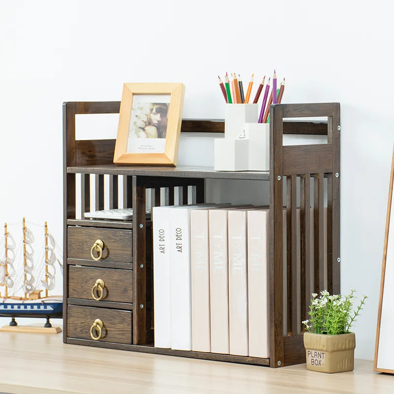 Bamboo Desktop Bookshelf with 3 Drawers, Desktop Storage Cabinet, Office Storage Organizer Student Desktop Multi-Layer Shelf 2