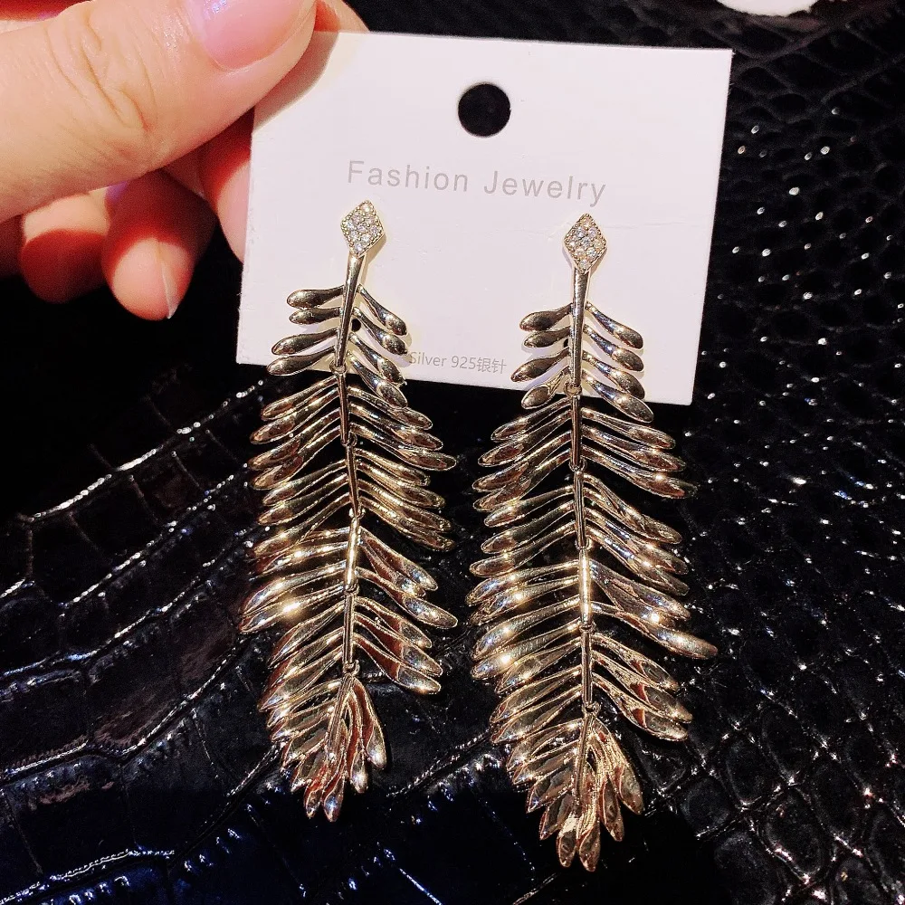 European and American 925 Silver Needle Premium Metal Leaf Earrings Exaggerate Personality Zircon Style Earrings for Women