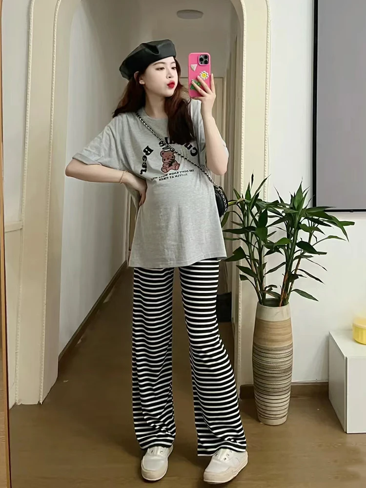 임산부를위한 여름 의상 세트 순수 코튼 얇은 반팔 티셔츠 투피스 세트 소형 한국 스타일 출산복