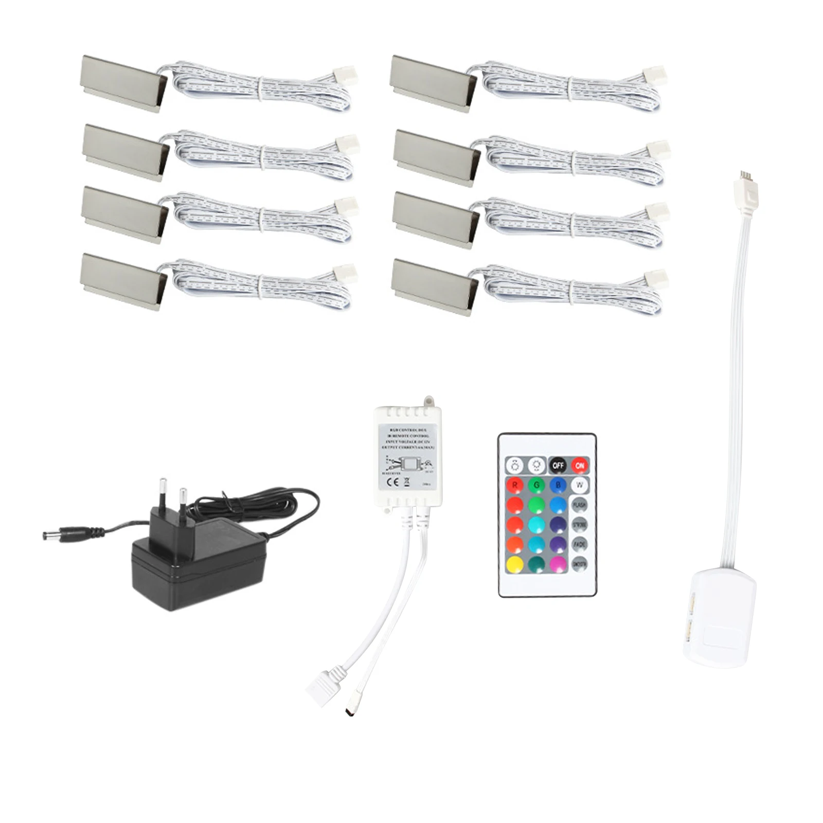 ACCE Set di 4 luci a LED RGB per bordo in vetro, vetrina, clip in vetro di alta qualità, specchio in acciaio inox