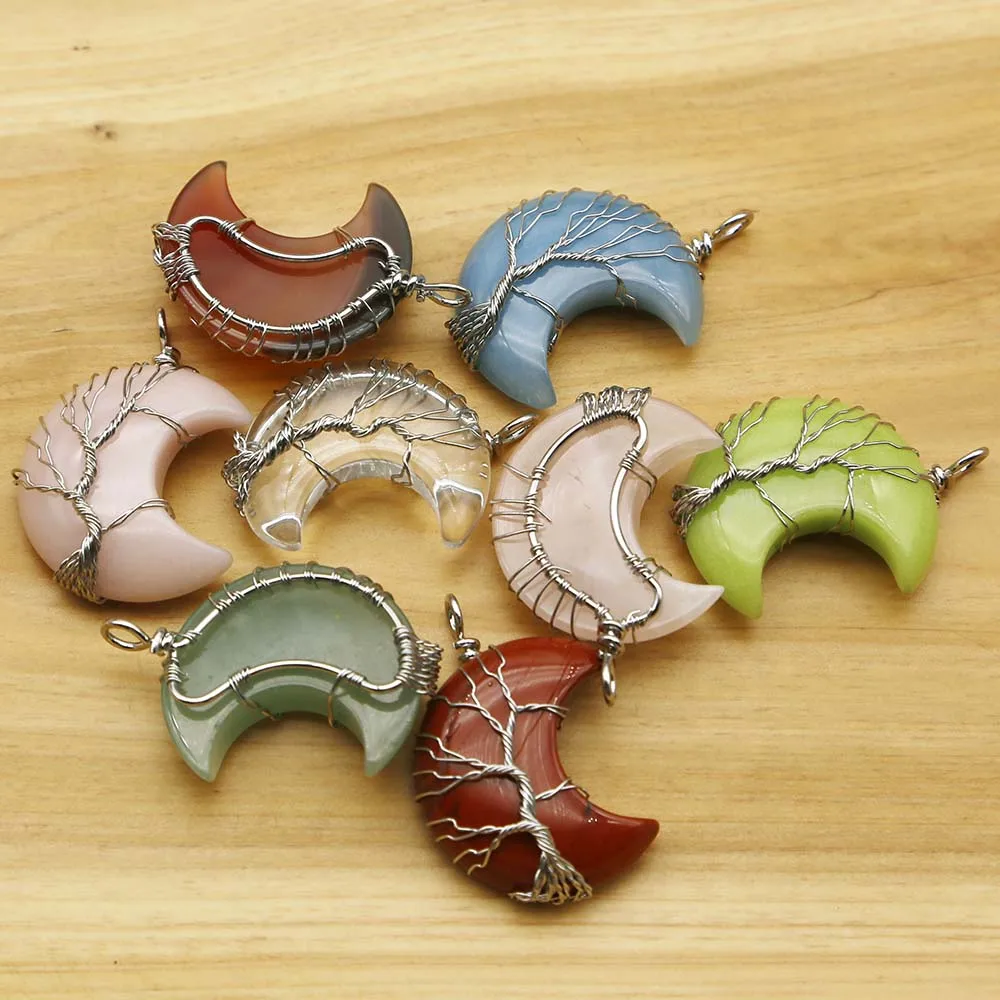Natural Stone Crystal Agate Moon Necklace Pendant Life Fortune Tree Handmade Silver Winding Wire Fashion Charm Jewelry Gift 4Pcs