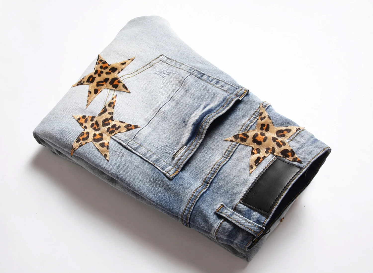 Europe and the United States embroidery ripped jeans men AM fashion brand star leopard print stretch slim pants