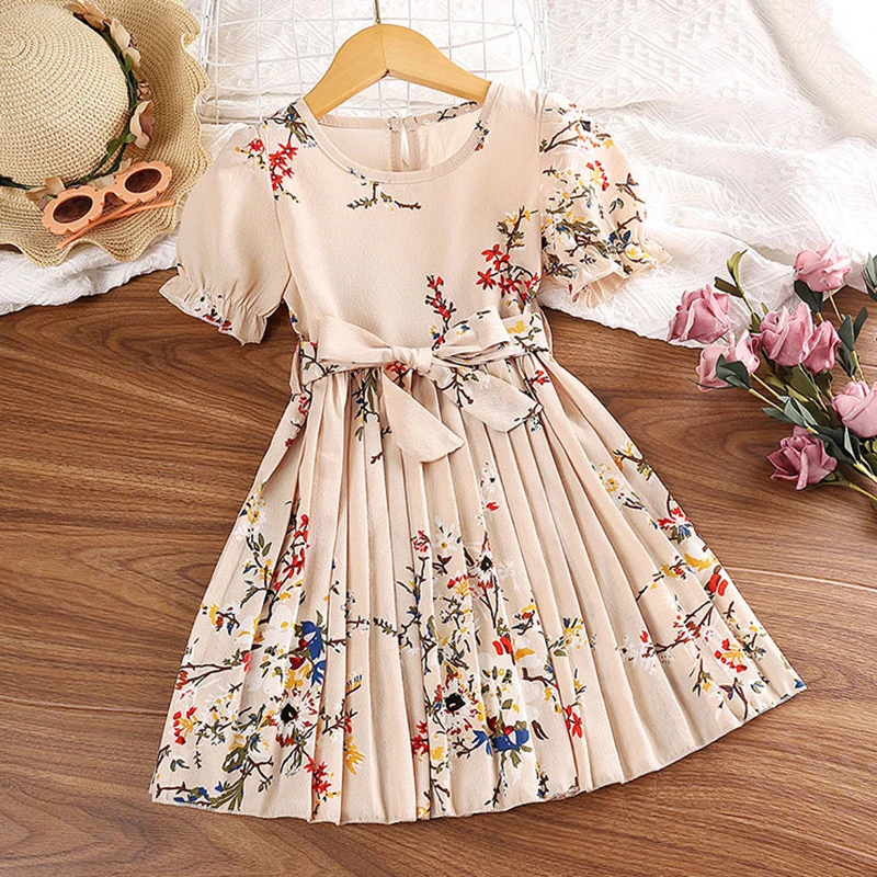 

Новинка 2023, летнее платье для девочек, детское платье принцессы с маленьким цветочным бантом и коротким рукавом, детская одежда