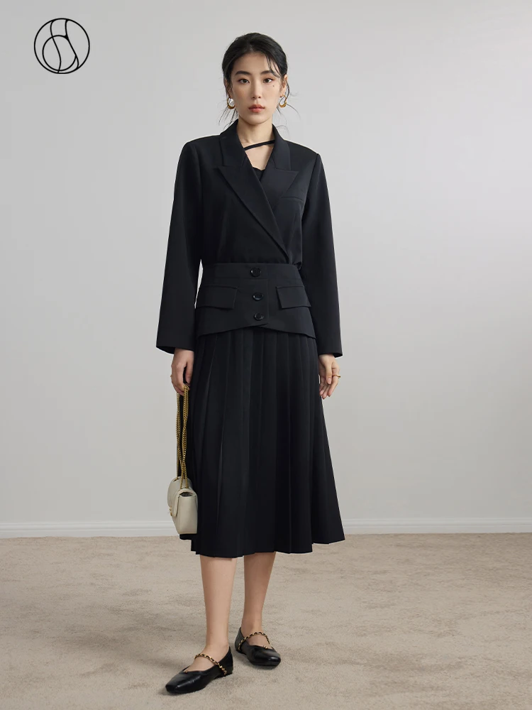 DUSHU Black Women Commuter Short Suit Pleated Skirt For Female Temperament Double Breasted Blazers Waist Decoration Solid Skirts dushu plug in color contrast retro skirt for women spring 2023 new commuter high waist thin umbrella black skirts for women