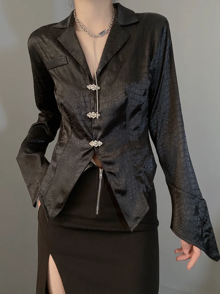 ADAgirl Silk Satin Shirts Women Chinese Style V-neck Tight Button Up Blouse Female Goth Design Drak Aesthetic Split Alt Clothes