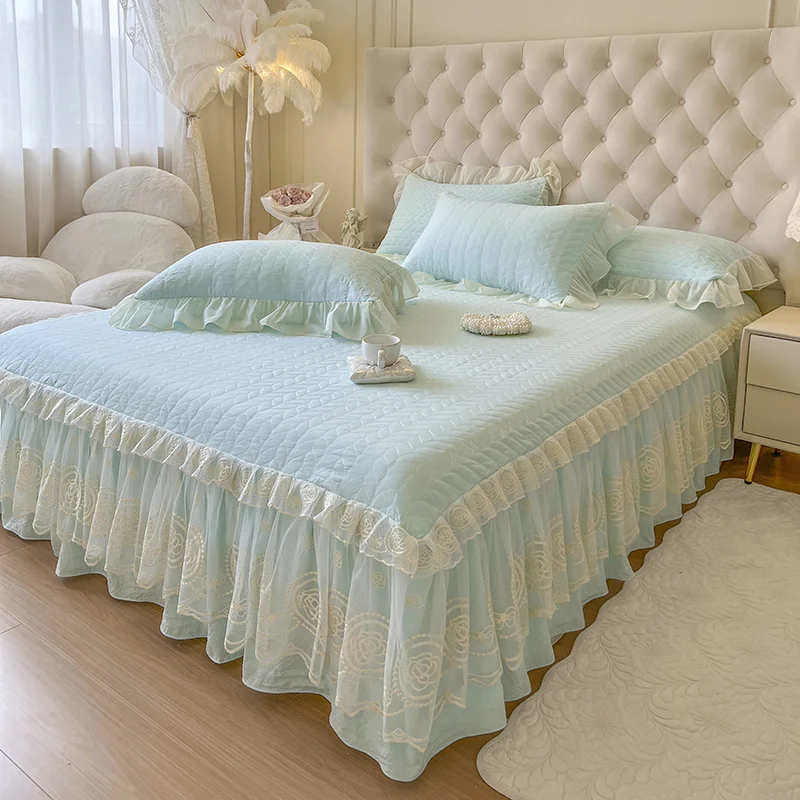 AI WINSURE-Washed Cotton Bed Cover with Pillowcase, Chic Lace Ruffles Bed Skirt, Quilted Bedspread, Queen, King Size, 3pcs