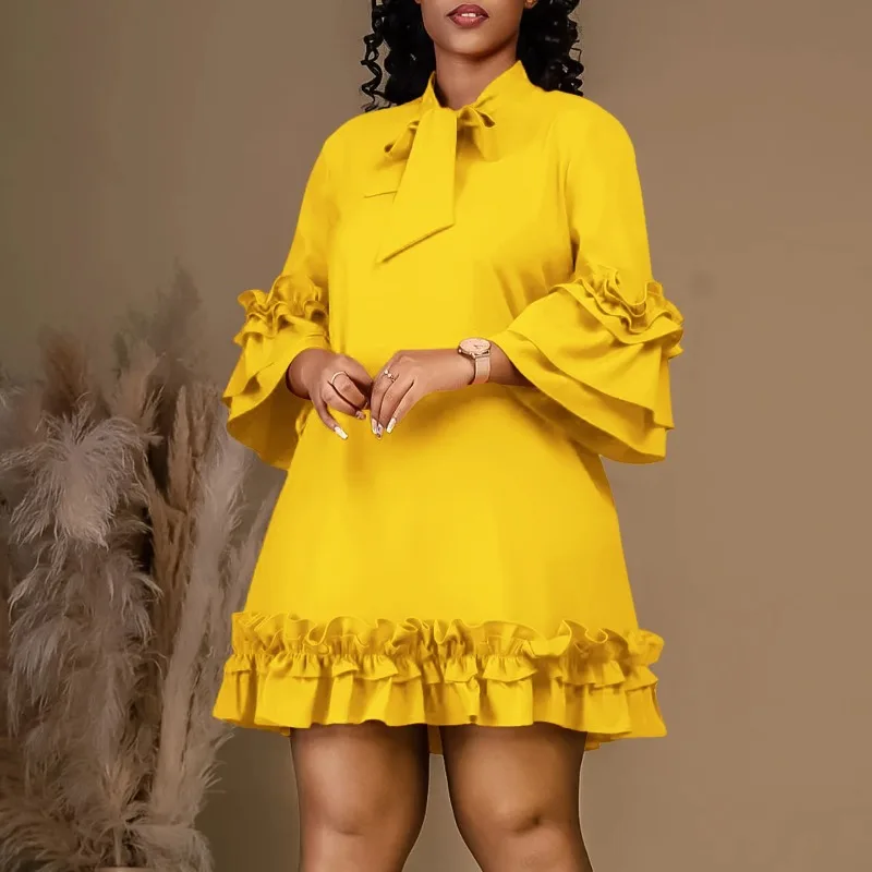

Elegant Ruffles Pleated Dress Women Wrist Sleeve Bowknot Collar Loose A-line Birthday Dress Solid Evening Party Dresses Vestidos