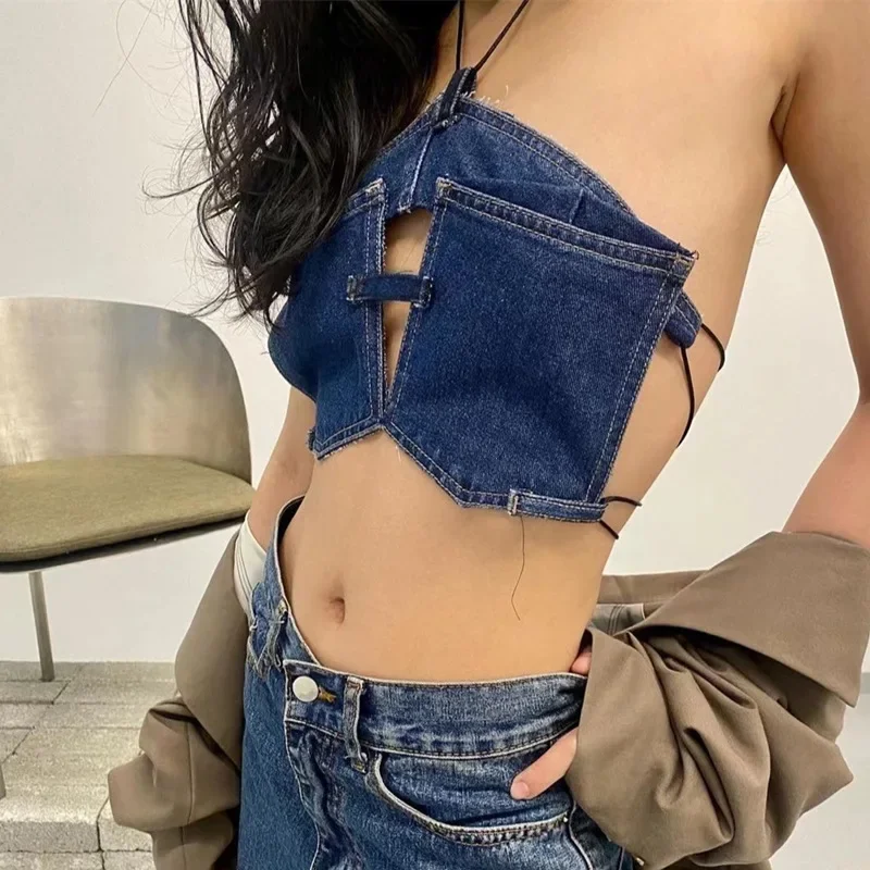 

New Summer Women Denim Tank Top Cropped Tops Y2k Sexy Streetwear Clubs Backless Hollow T-shirt Denim Bustier Lace-up