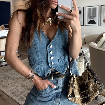 Lamuusaa Denim Vest y2k Clothes Women Summer V Neck Button Front Sleeveless Tank Tops Jean Waistcoat 2000s Clothes Streetwear