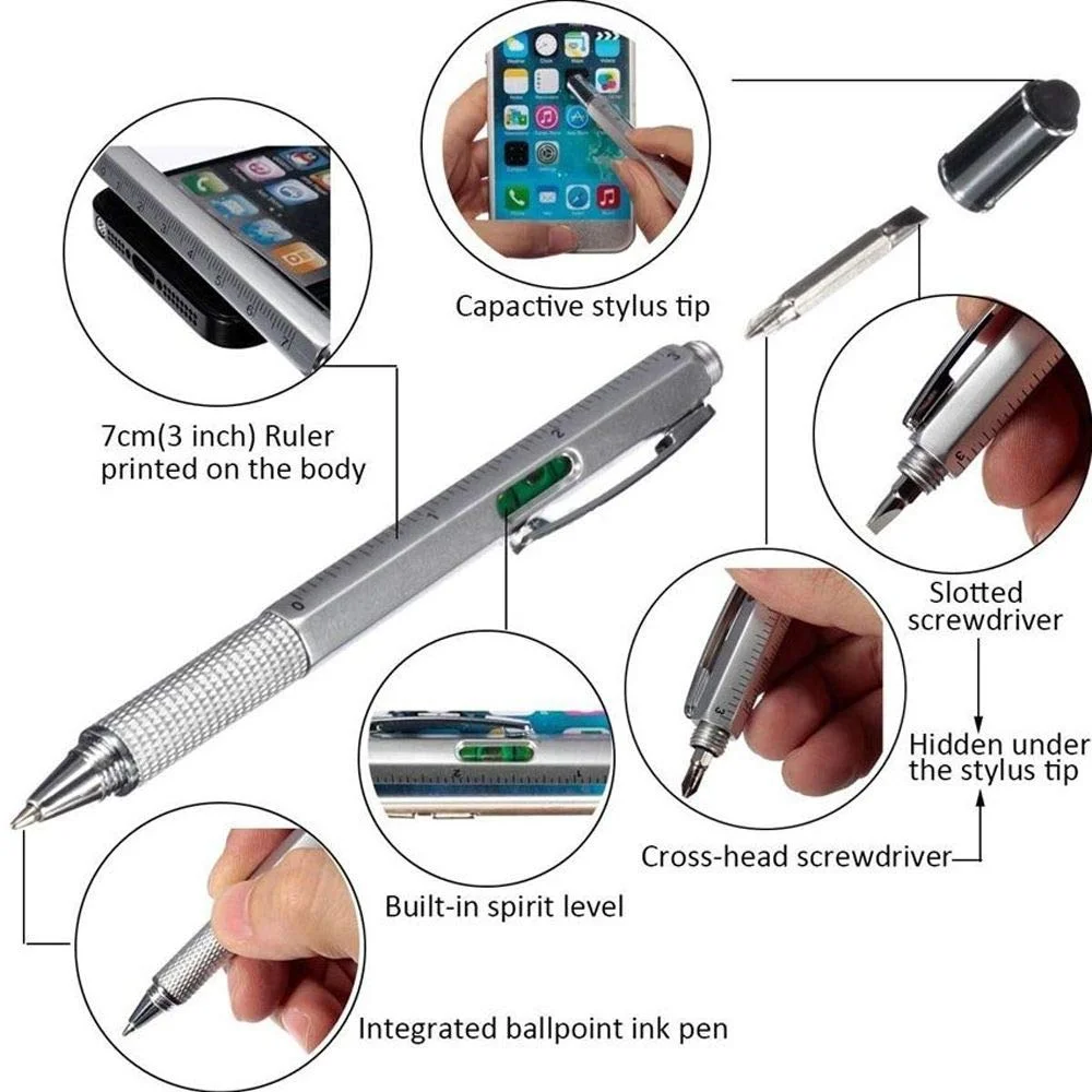 Multi Tool 6 In 1 Touch Ballpoint Stylus Pen With Spirit Level Ruler Screwdriver Office School Supplies