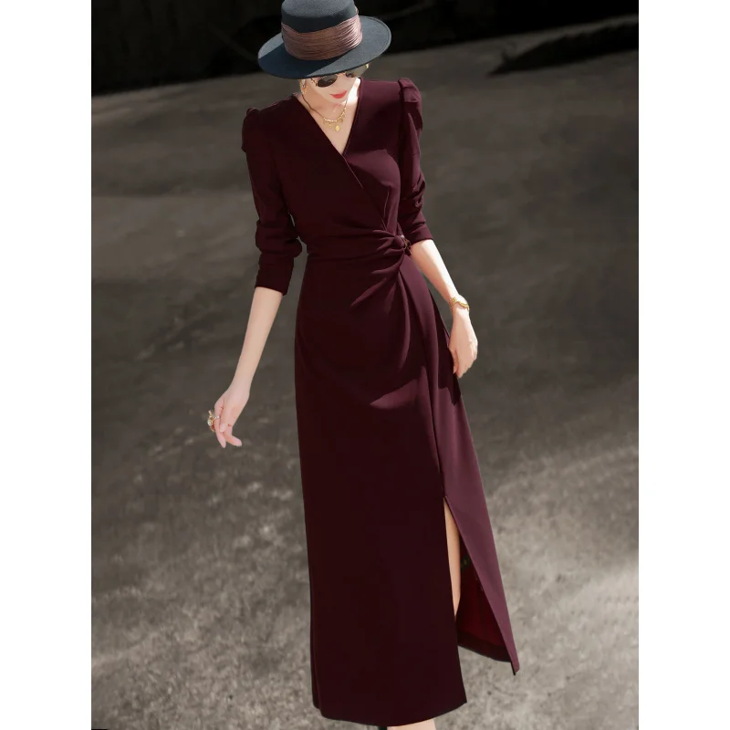 MEXCOCO 2026 New Spring V Neck Padded Shoulder Long Sleeve Side Twist Ruched Waist High Split Slim Maxi Dress 1