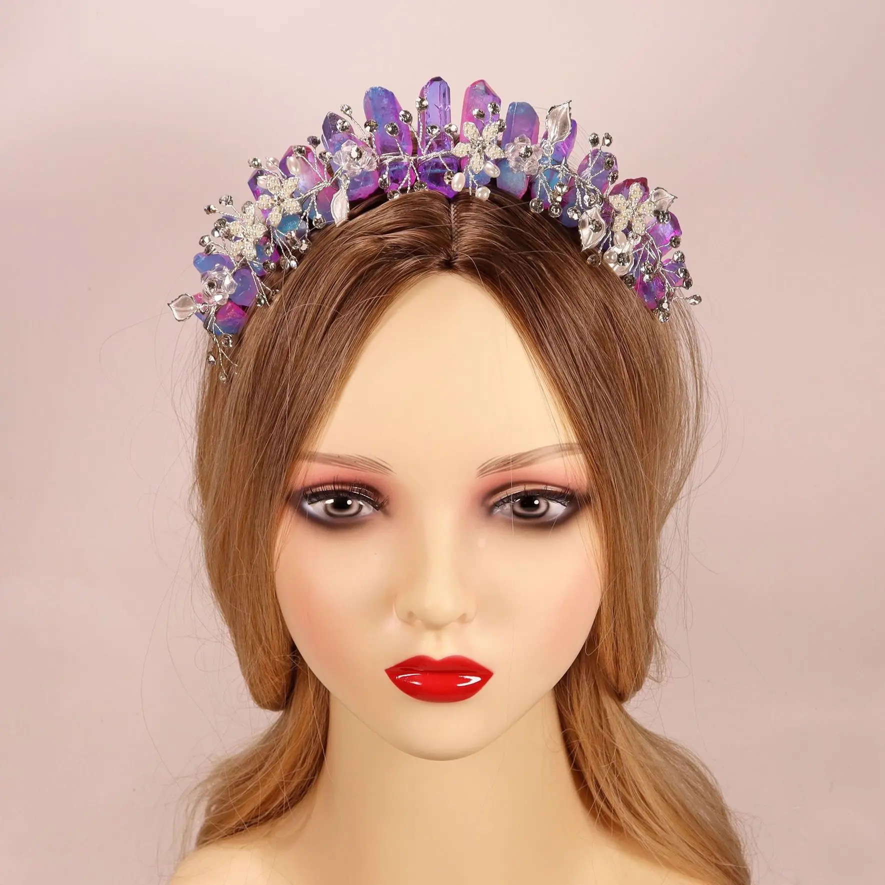Elegant Pink Quartz Headband Crown Taiyin Raw Crystal Quartz Crown Headband Women Pink Crown  main image 2