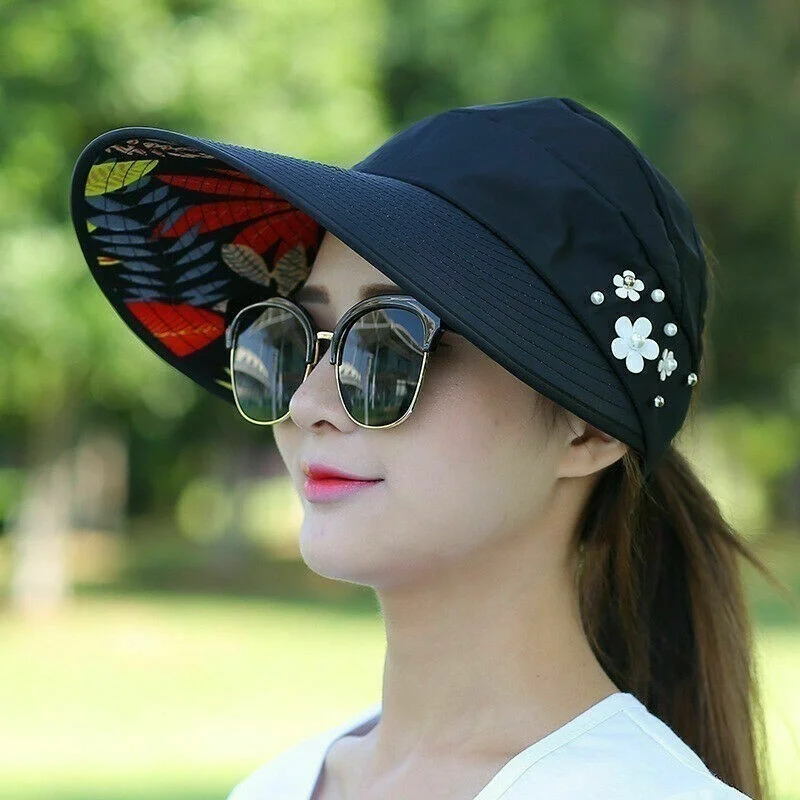 Womens Ladies Summer Wide Brim Foldable Sun Hat Anti-UV Beach Visor Caps Hats_voghion.com