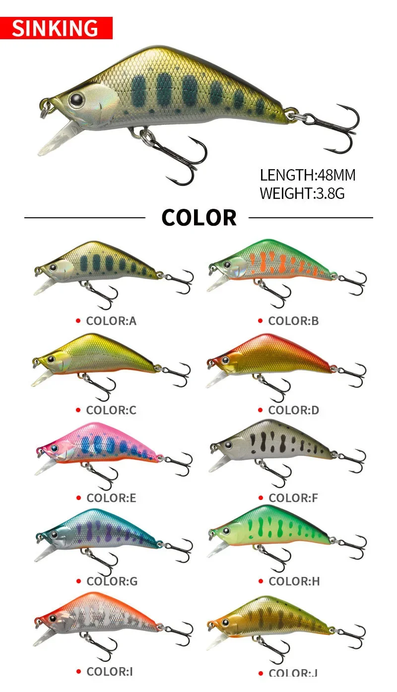 Description Picture 2 of item3.8g 48mm Micro Sinking Minnow Fishing Lures Pesca Mini Artificial Hard Bait Japanese Jerkbait Wobblers Swimbait for Trout Perch