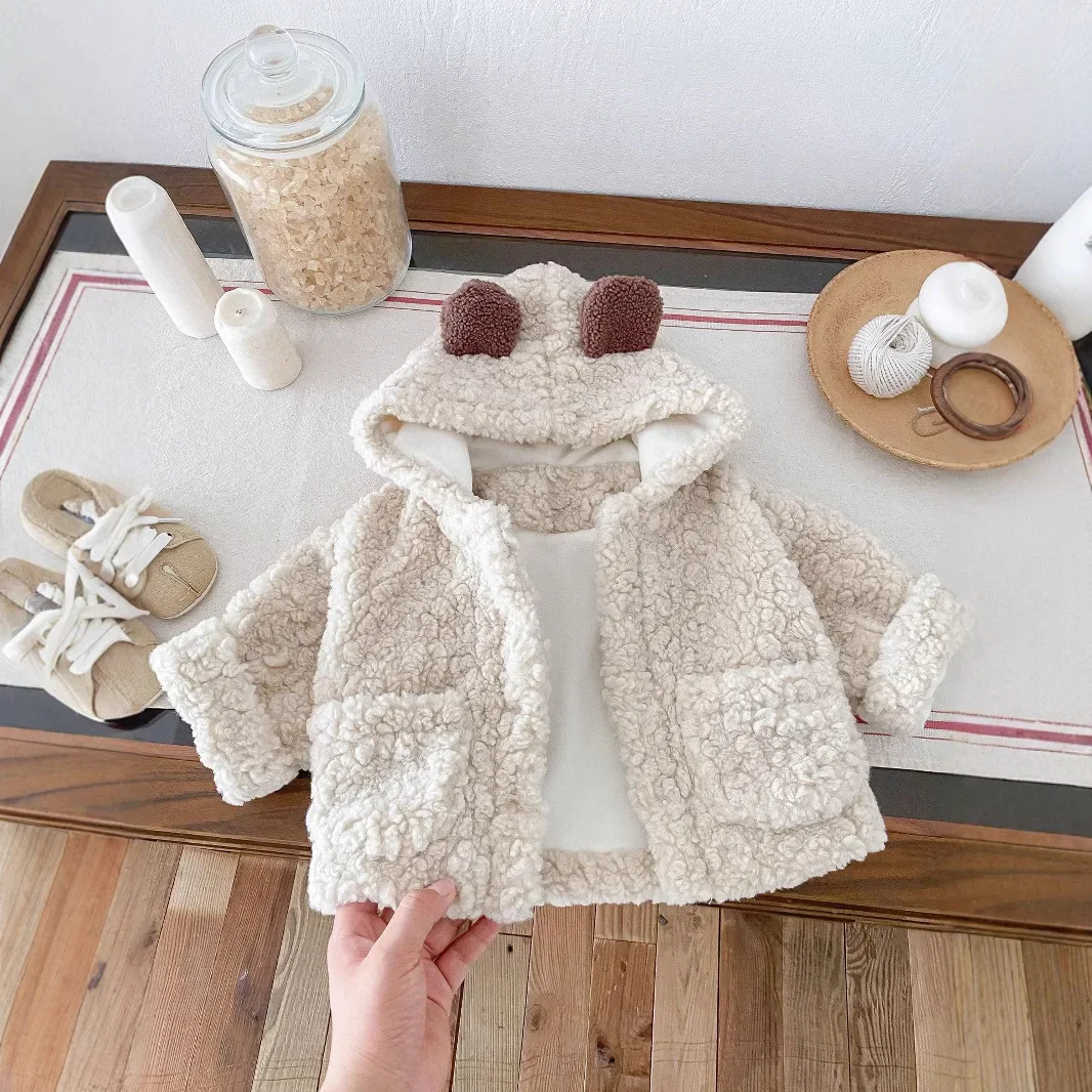 Winter New in Kids Baby Girls Boys Thicken Plush Warm Outwear ,toddler Children Hooded Pocket Cartoon Modeling Jacket