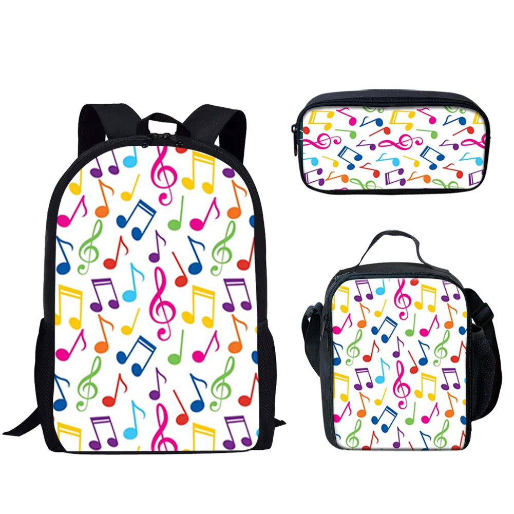 Casual 3Pcs School Bags Music Notes Print Lightweight Large Capacity Backpack for Teen Boys Girls Travel Bookbags Back to School