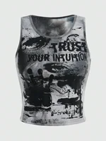 Grunge Punk cravate colorant oeil lettre graphique débardeur femmes été Y2K vêtements décontracté col rond sans manches haut court gilet Streetwear 1