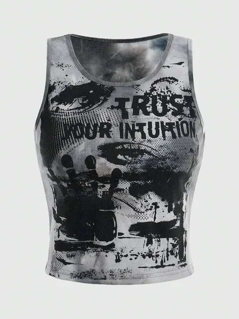 Grunge Punk cravate colorant oeil lettre graphique débardeur femmes été Y2K vêtements décontracté col rond sans manches haut court gilet Streetwear 1