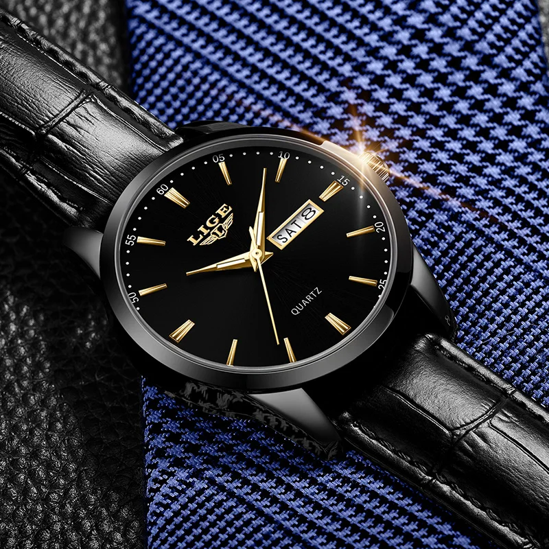 LIGE Fashion Luxury Quartz Men Watch Business Leather Band Auto Date Watches for Men Luminous Waterproof Sport Wristwatch Clocks