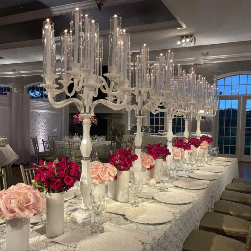 

595 Gorgeous 13 arms Tall tube white crystal candle holder wedding candelabra for centerpieces