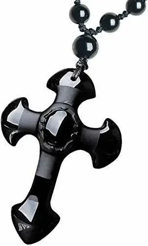 

Natural Black Obsidian Crystal cross Pendant with Bead Chain great gift necklace men or Women