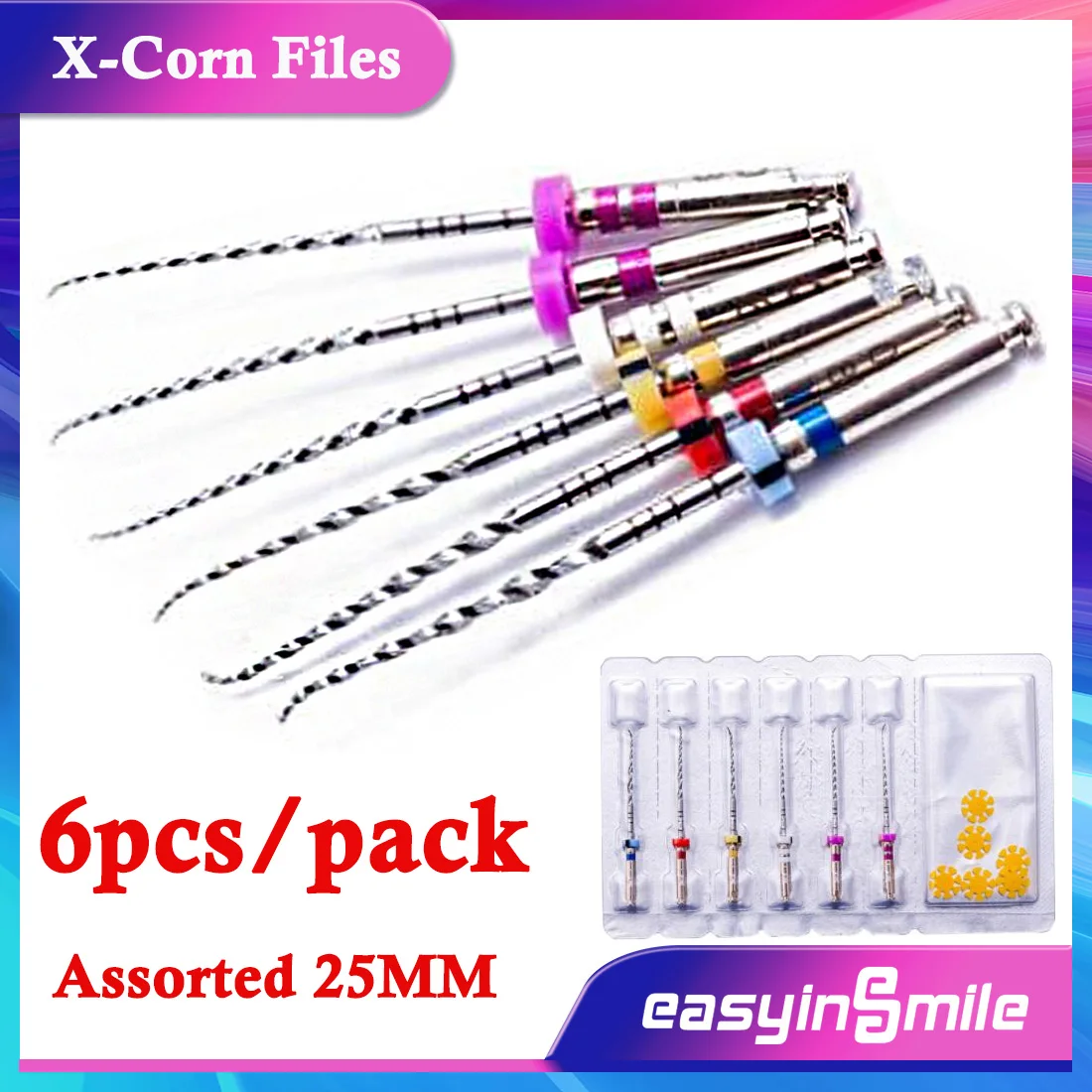 

EASYINSMILE 6Pcs Dental Endodontic NITI Rotary Files X-Corn Root Canal Files 25mm Endo Files Assorted Engine Use