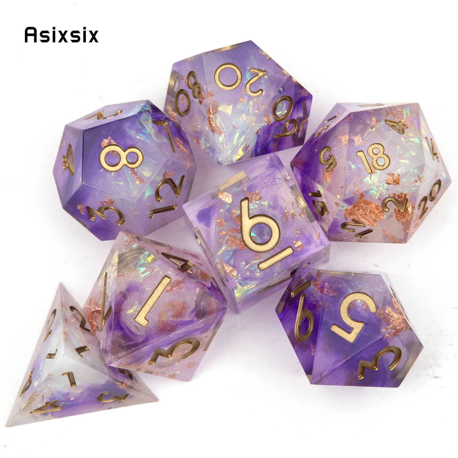 7 Pcs Purple White Resin Golden Number Sharp Edge Dice Polyhedral Dice Suitable for Role-Playing RPG Board Game