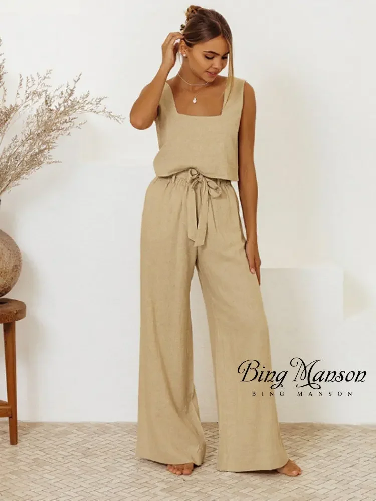 2023 New Spring Cotton Linen Pajamas Women's Tank Top Sleeveless Long Pants Loose Fitting Pajama Set Fashion Homewear