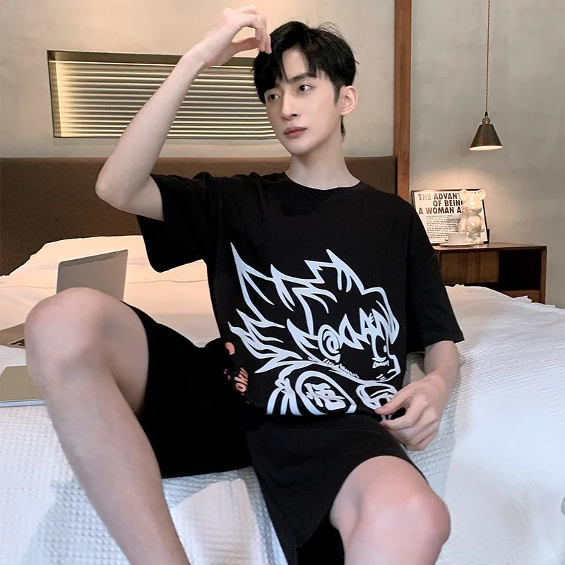 Pure Cotton Fabric Summer Pajamas Men Crew Neck Casual Short Sleeve Shorts Loose Cartoon Bear 2 Piece Set Sleepwear