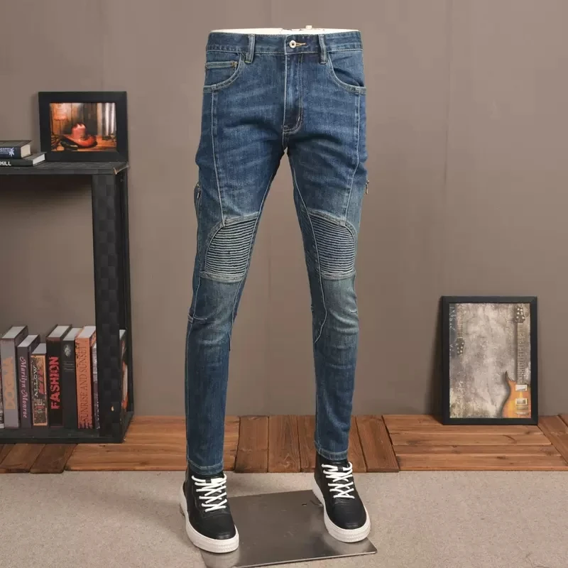 Fashion Designer Men Jeans Retro Blue Stretch Slim Fit Spliced Biker Jeans Homme Streetwear Hip Hop Pants Men Punk Trousers