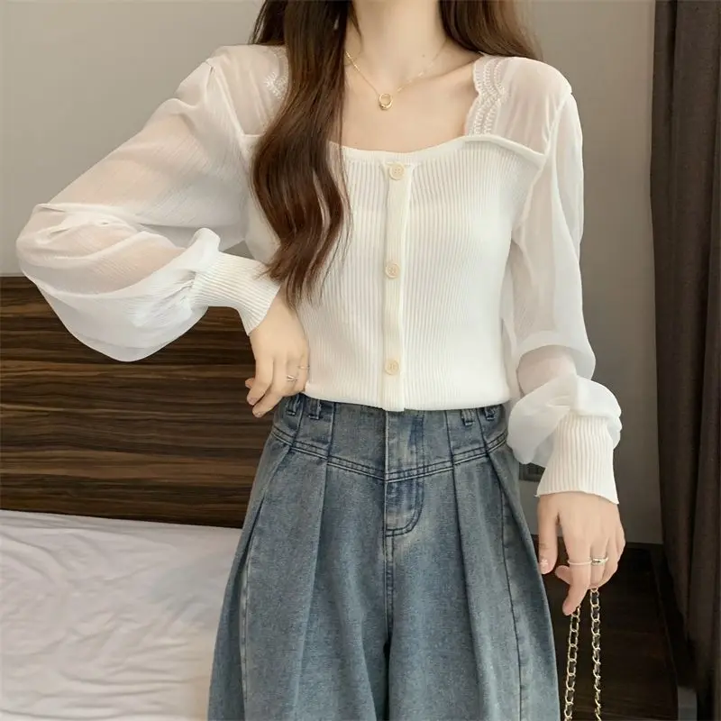 

spring autumn Knitted Pullover casual slim Bottoming Shirt korean Sweet chiffon patchwork Women's Sweater solid Jumpers Sweaters