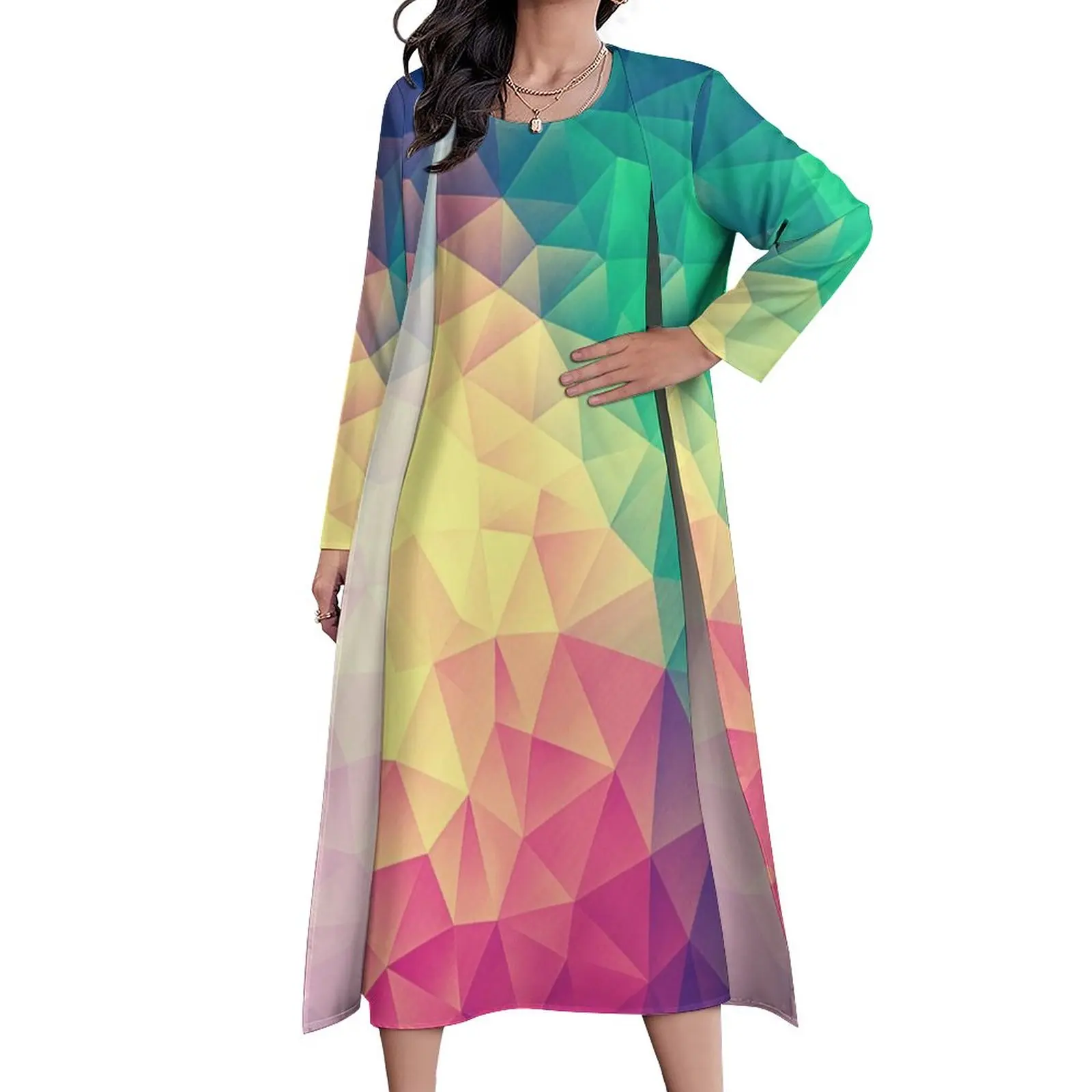 

Abstract Geometric Print Dress Triangle Trendy Maxi Dress Aesthetic Bohemia Long Dresses Summer Long Sleeve Vestido Big Size 4XL