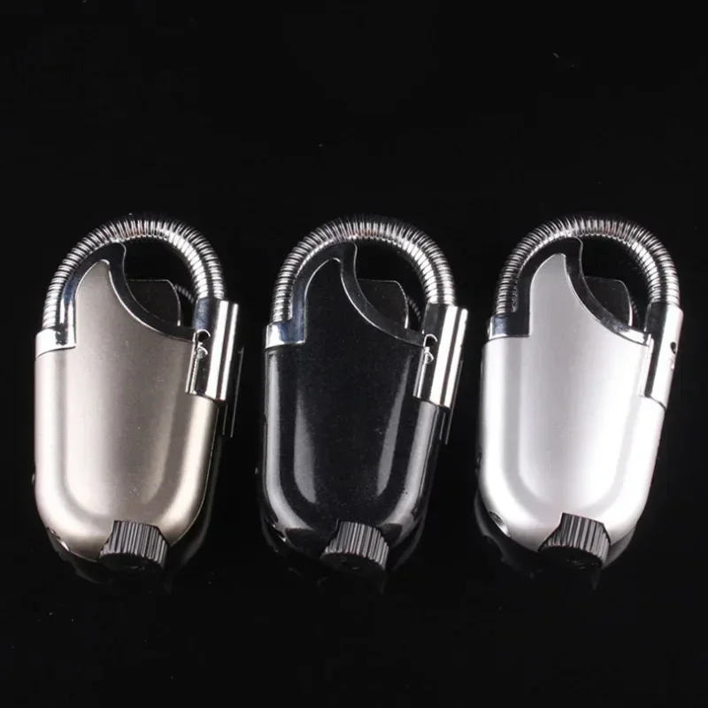 Flexible Hose Windproof Jet Blue Flame Butane Gas Lighter Kitchen Outdoor BBQ Cigar Lighter With Flashlight Metal Ignition Gun