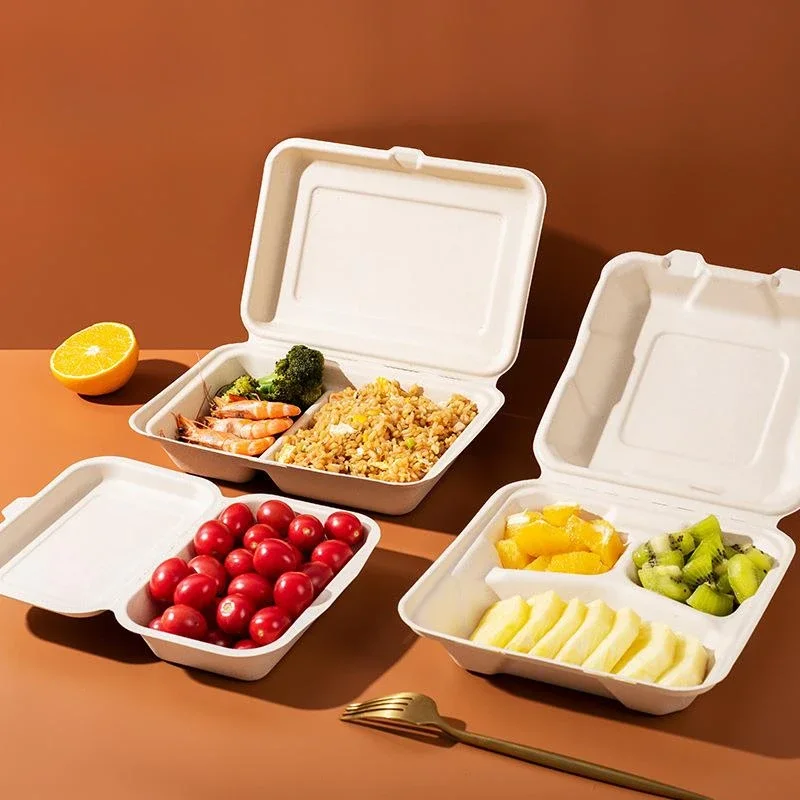50pcs Disposable Biodegradable Packaging Box Pulp Fast Food American Burger Box with Cover Multifunctional Food Grade Lunch Boxs