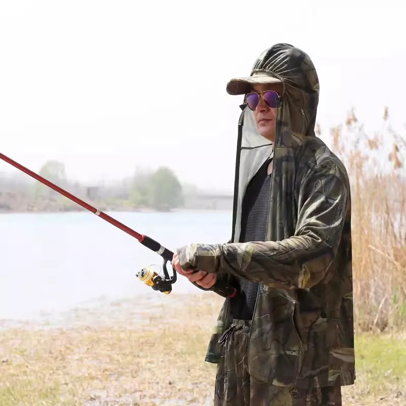 여름 경량 얇은 남성 태양 보호 물고기 생체 공학 위장 낚시 후드 탄성 통기성 폴리 에스터 스포츠 탑